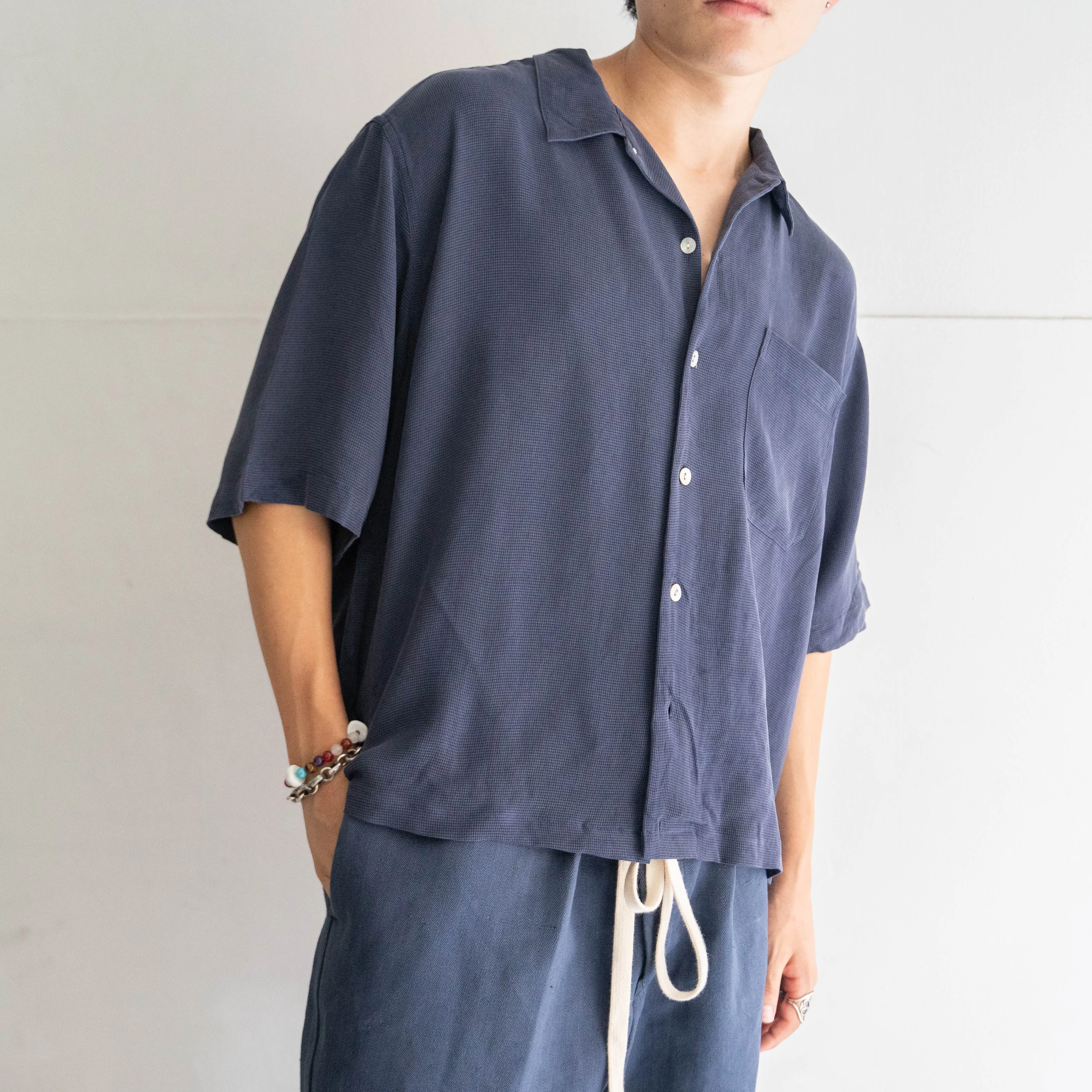 1990s navy color all silk short sleeve shirt 'remake'