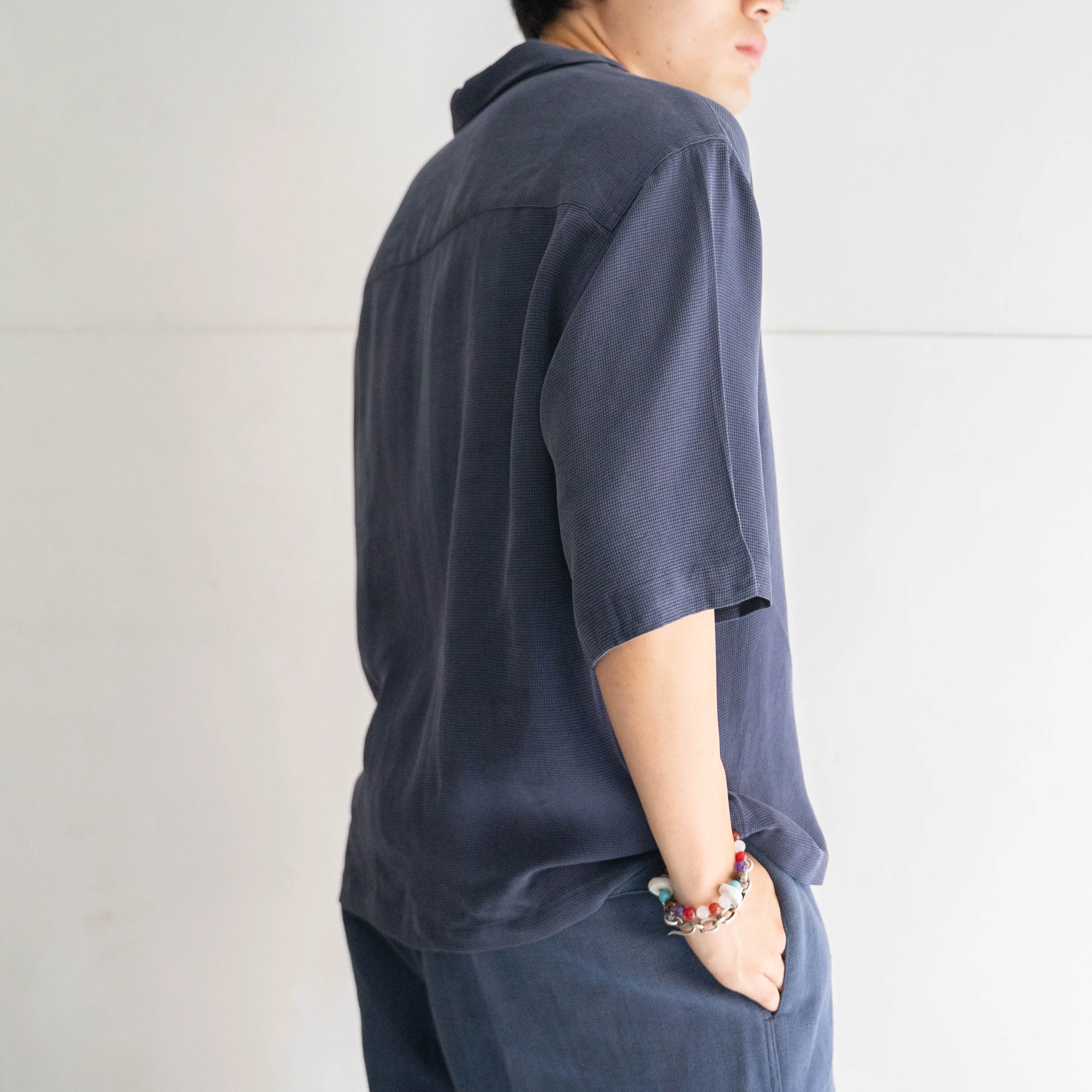 1990s navy color all silk short sleeve shirt 'remake'