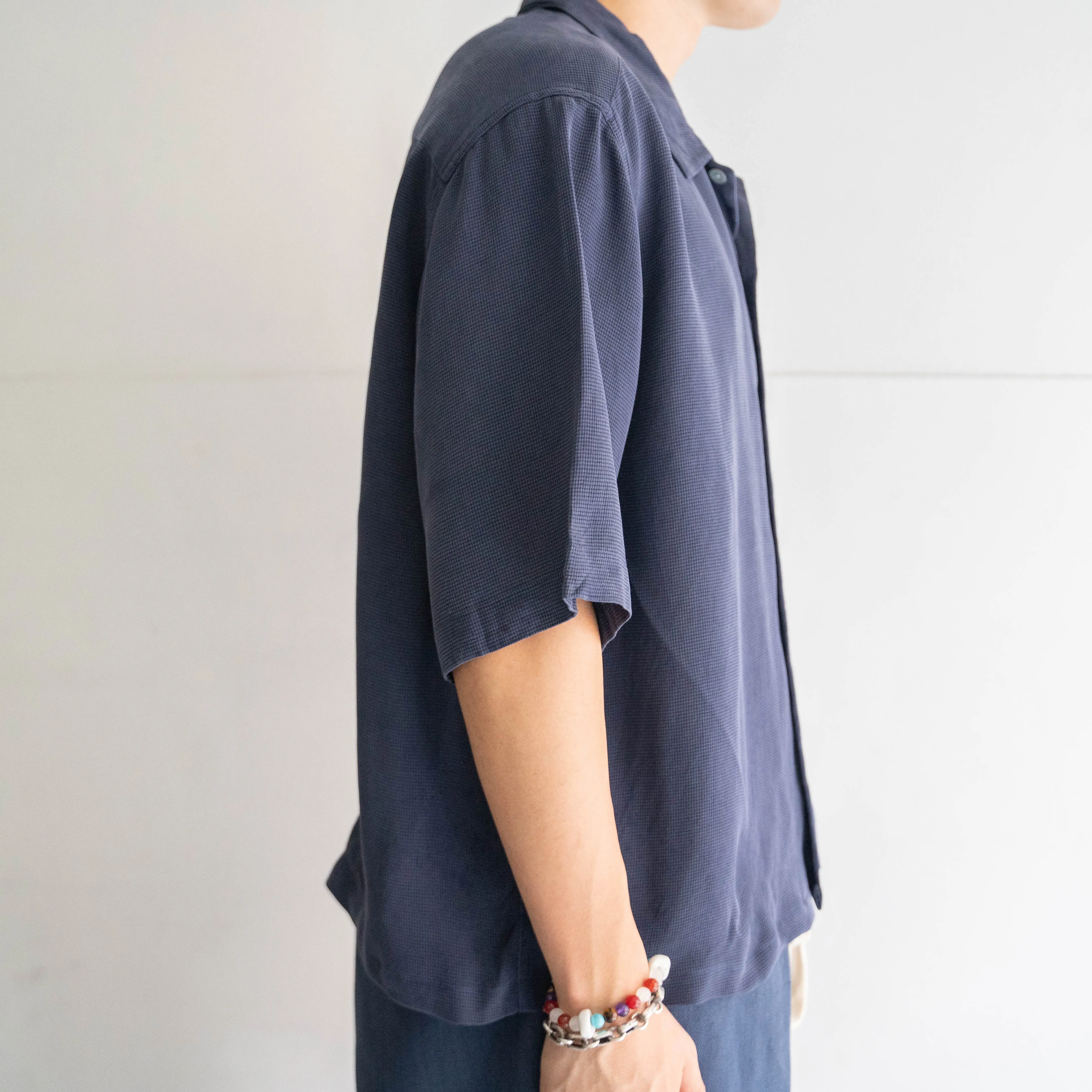 1990s navy color all silk short sleeve shirt 'remake'