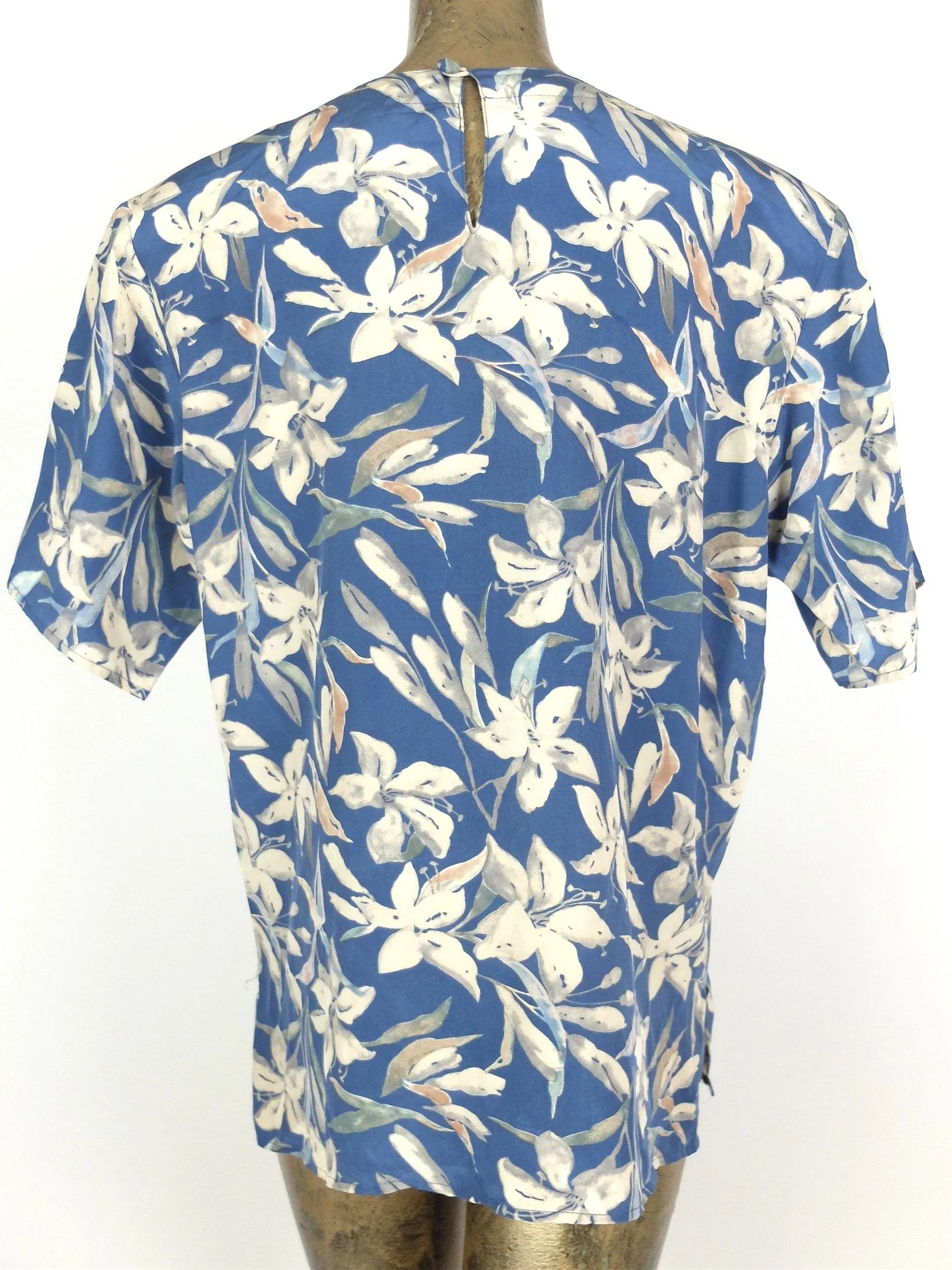 80s Silk Tropical Hawaiian Floral Pullover Half Sleeve Blouse
