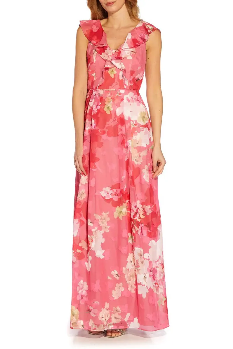 Adrianna Papell V- Neck Cap Sleeves Back Zipper Long Chiffon Dress