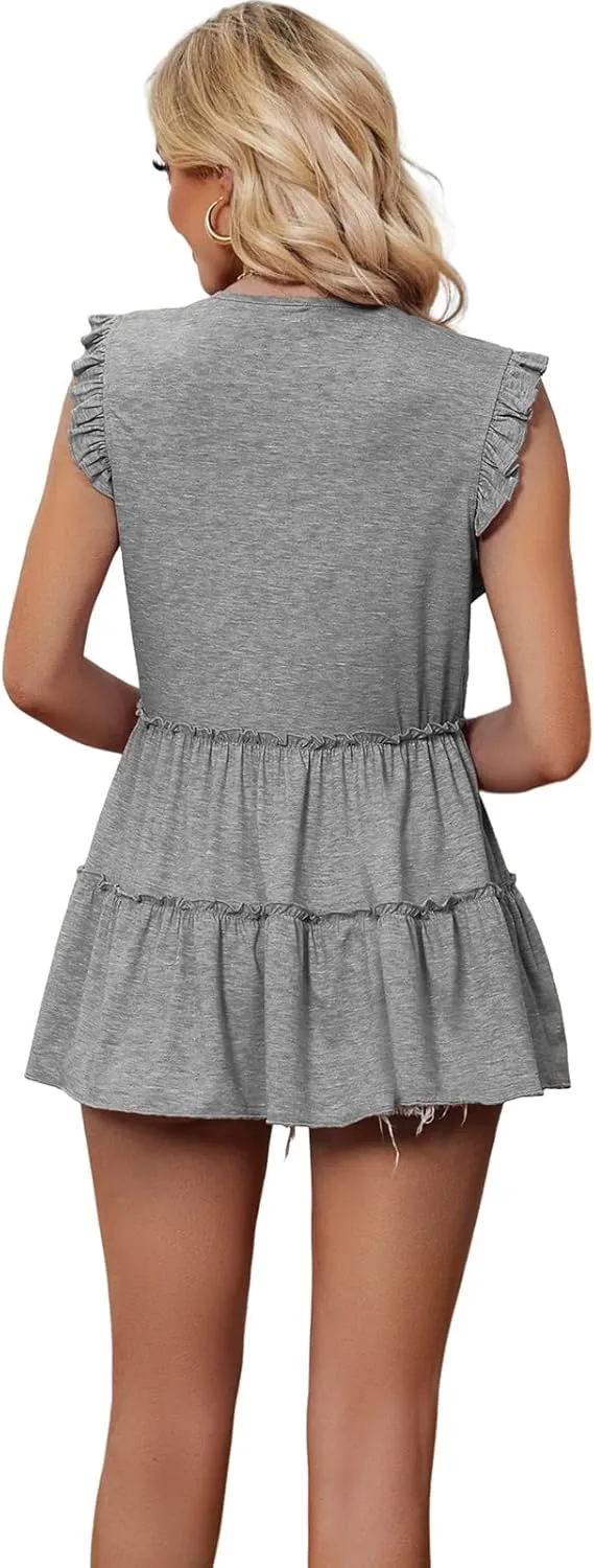 AGSEEM Womens Babydoll Tank Tops V Neck Ruffle Sleeve Pleated Peplum Shirts Summer