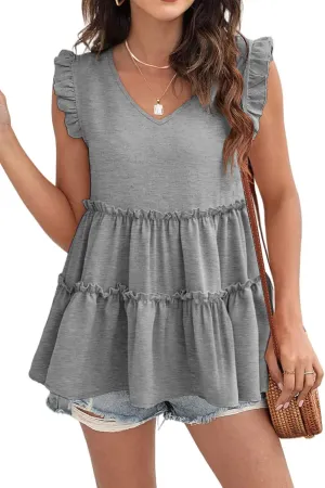 AGSEEM Womens Babydoll Tank Tops V Neck Ruffle Sleeve Pleated Peplum Shirts Summer