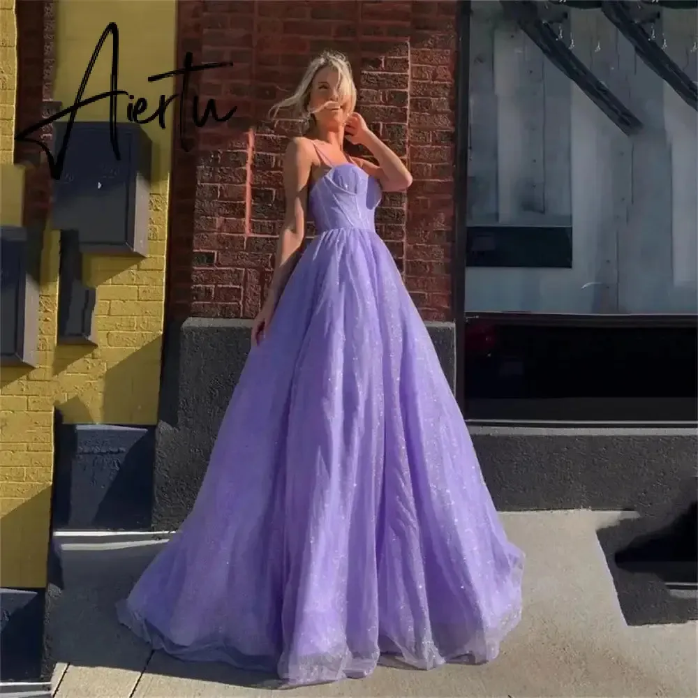 Aiertu Purple Prom Dress Spaghetti Straps Glitter Evening Dresses Robes De Soirée Princess Birthday Formal Occasions PartyDress
