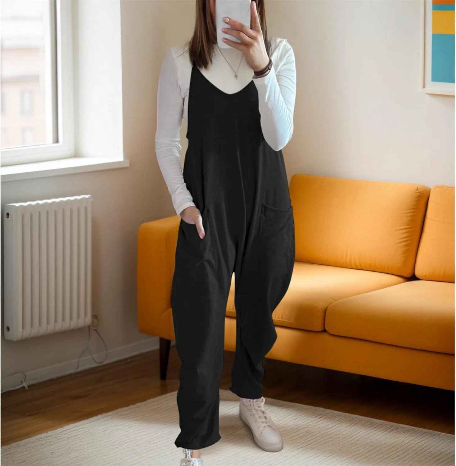 Ainangua One Piece Jumpsuits for Women Casual V Neck Sleeveless Spaghetti Strap Overalls Long Pants Romper with Pockets
