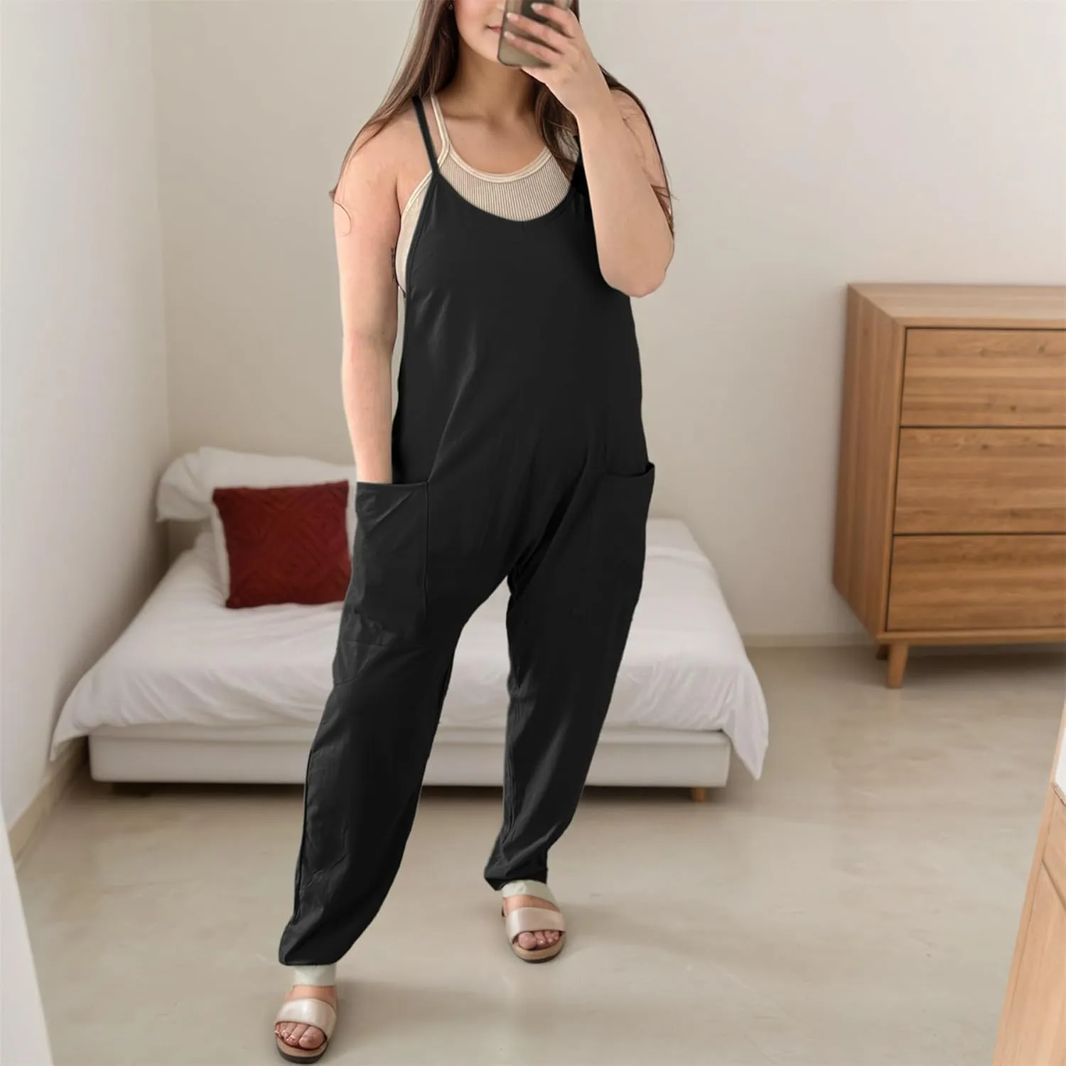Ainangua One Piece Jumpsuits for Women Casual V Neck Sleeveless Spaghetti Strap Overalls Long Pants Romper with Pockets