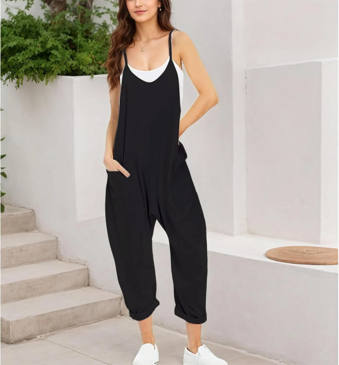 Ainangua One Piece Jumpsuits for Women Casual V Neck Sleeveless Spaghetti Strap Overalls Long Pants Romper with Pockets
