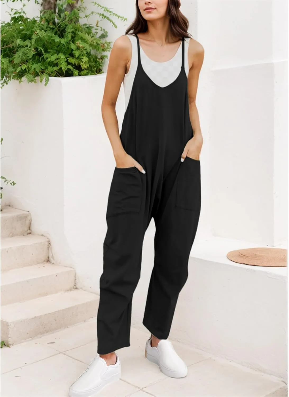Ainangua One Piece Jumpsuits for Women Casual V Neck Sleeveless Spaghetti Strap Overalls Long Pants Romper with Pockets
