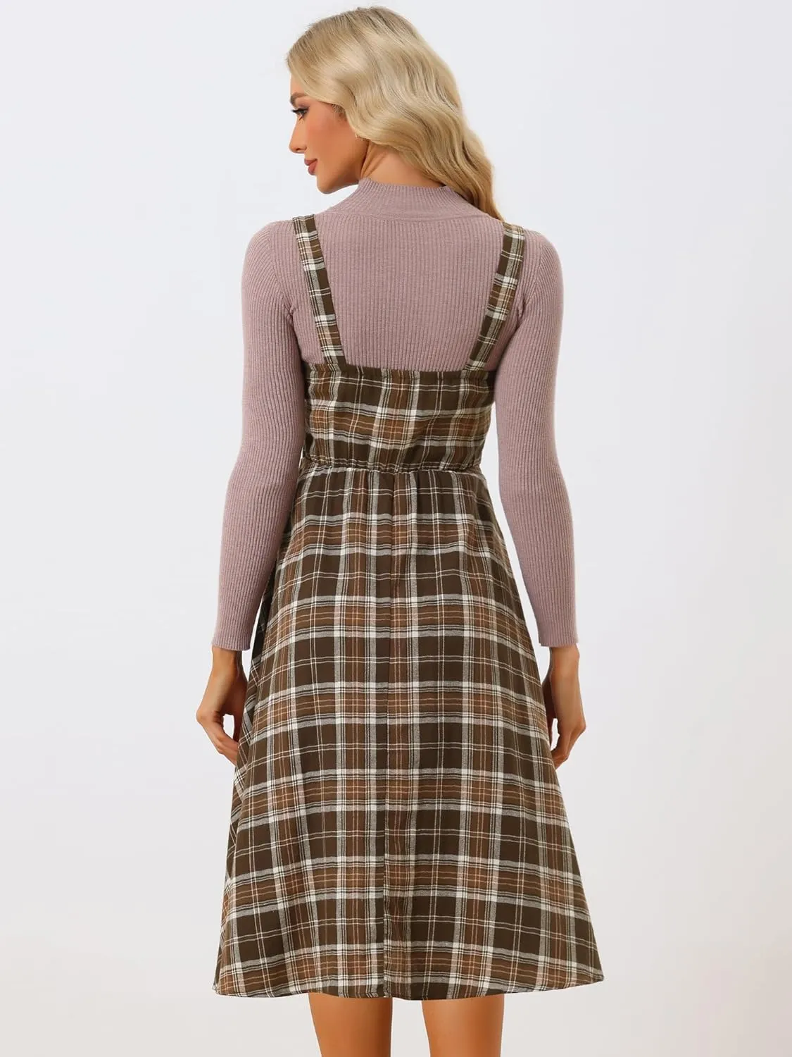 Allegra K Women's Plaid Overalls Vintage Sleeveless A-Line Overall Pinafore Dress Suspender Skirt