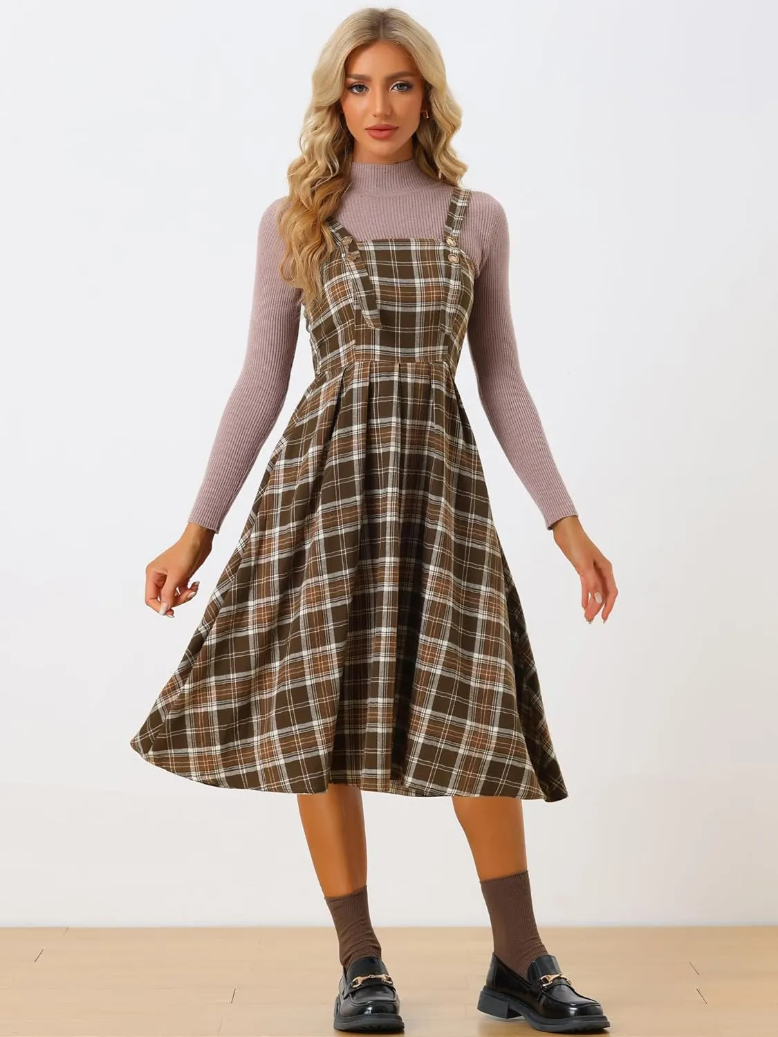 Allegra K Women's Plaid Overalls Vintage Sleeveless A-Line Overall Pinafore Dress Suspender Skirt