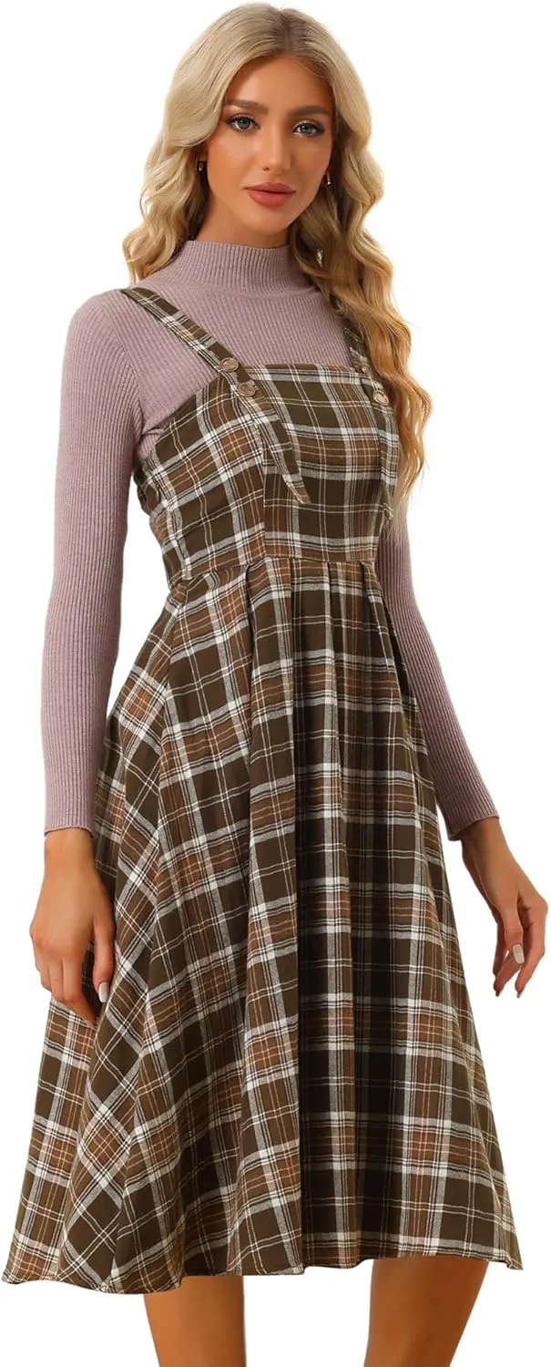 Allegra K Women's Plaid Overalls Vintage Sleeveless A-Line Overall Pinafore Dress Suspender Skirt