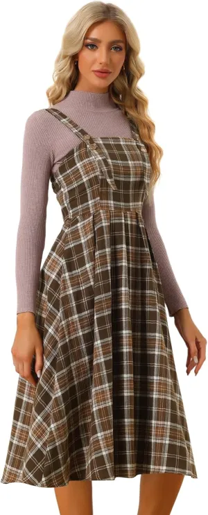 Allegra K Women's Plaid Overalls Vintage Sleeveless A-Line Overall Pinafore Dress Suspender Skirt