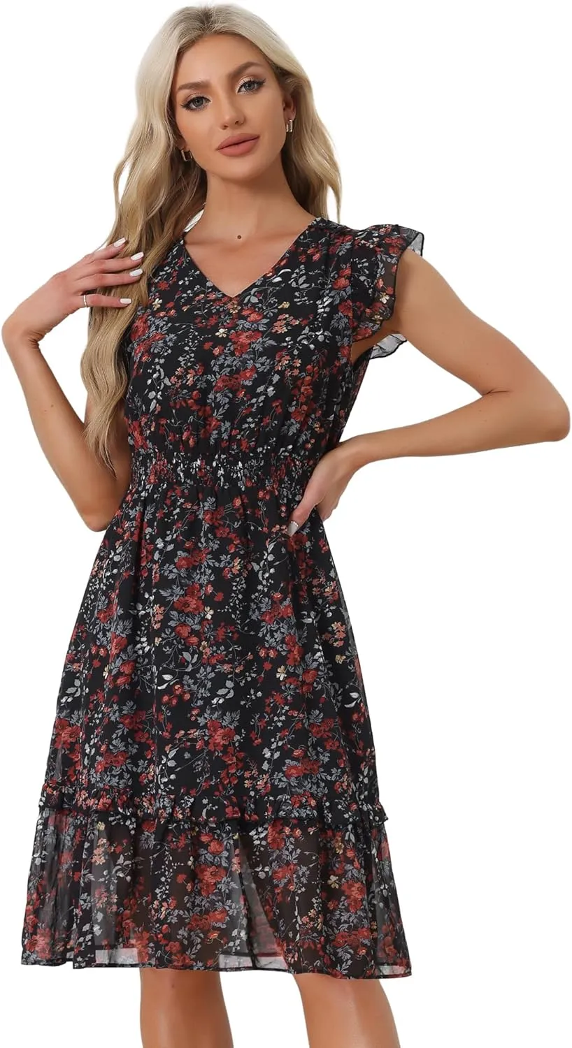 Allegra K Women's Summer Floral Dress Flutter Sleeve V Neck Ruffle Casual Beach Vacation Smocked Dresses