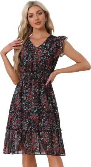Allegra K Women's Summer Floral Dress Flutter Sleeve V Neck Ruffle Casual Beach Vacation Smocked Dresses