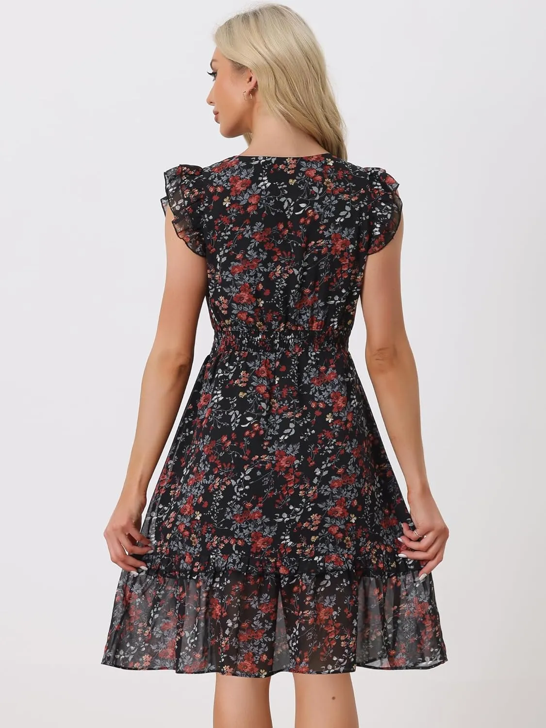 Allegra K Women's Summer Floral Dress Flutter Sleeve V Neck Ruffle Casual Beach Vacation Smocked Dresses