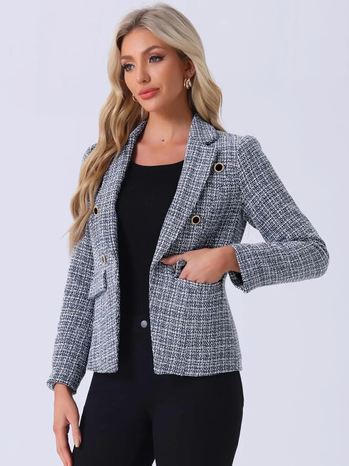 Allegra K Women's Tweed Jacket Plaid Blazer Long Sleeve Elegant Work Open Front Tweed Blazer Jackets