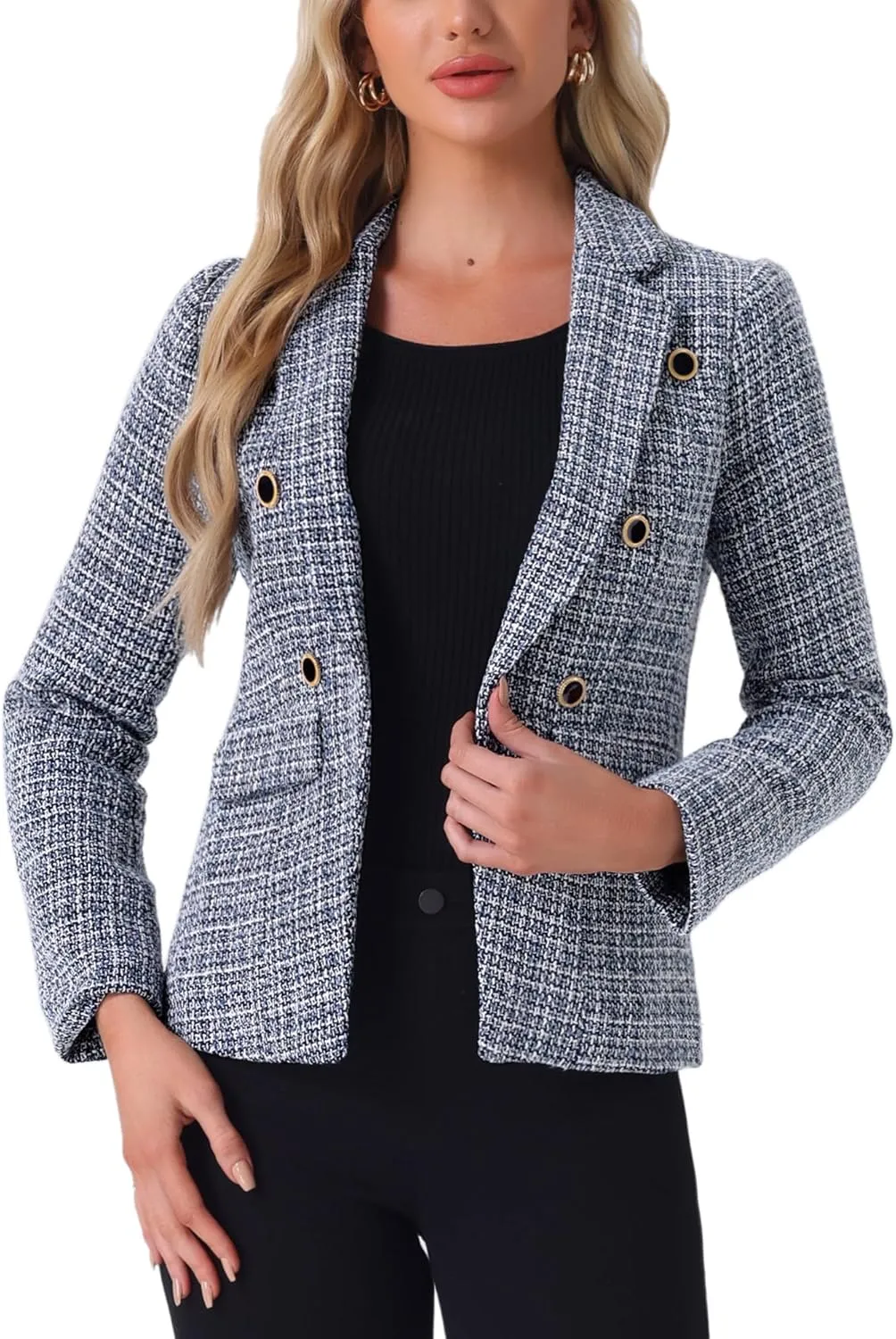 Allegra K Women's Tweed Jacket Plaid Blazer Long Sleeve Elegant Work Open Front Tweed Blazer Jackets
