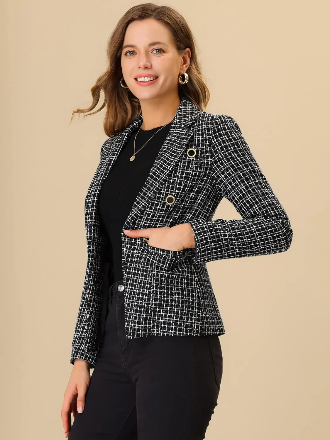 Allegra K Women's Tweed Jacket Plaid Blazer Long Sleeve Elegant Work Open Front Tweed Blazer Jackets