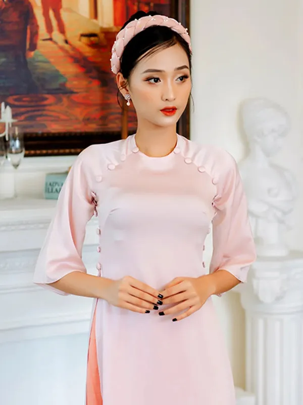 Ao Dai Vietnam Pink Nude Button Silk Includes One Ao Dai Top And Pants