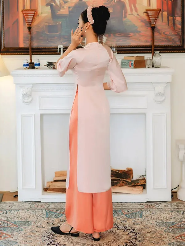 Ao Dai Vietnam Pink Nude Button Silk Includes One Ao Dai Top And Pants