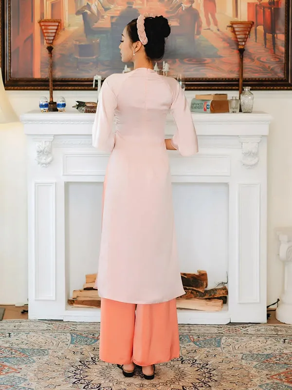 Ao Dai Vietnam Pink Nude Button Silk Includes One Ao Dai Top And Pants