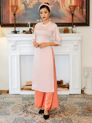 Ao Dai Vietnam Pink Nude Button Silk Includes One Ao Dai Top And Pants