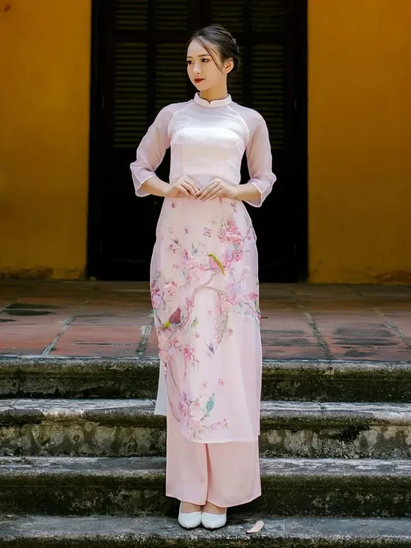 Ao Dai Vietnam Pink Sparkle Branches And Sparrow Includes One Ao Dai Top And Pants