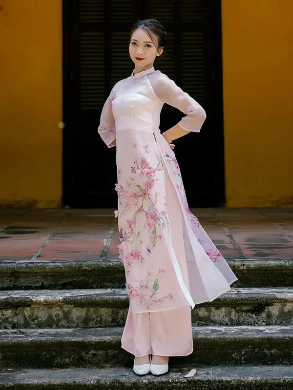 Ao Dai Vietnam Pink Sparkle Branches And Sparrow Includes One Ao Dai Top And Pants
