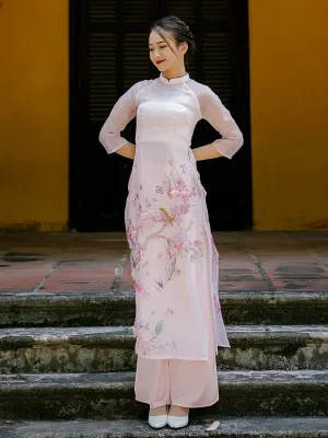 Ao Dai Vietnam Pink Sparkle Branches And Sparrow Includes One Ao Dai Top And Pants