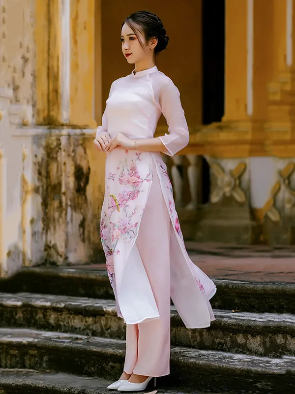 Ao Dai Vietnam Pink Sparkle Branches And Sparrow Includes One Ao Dai Top And Pants