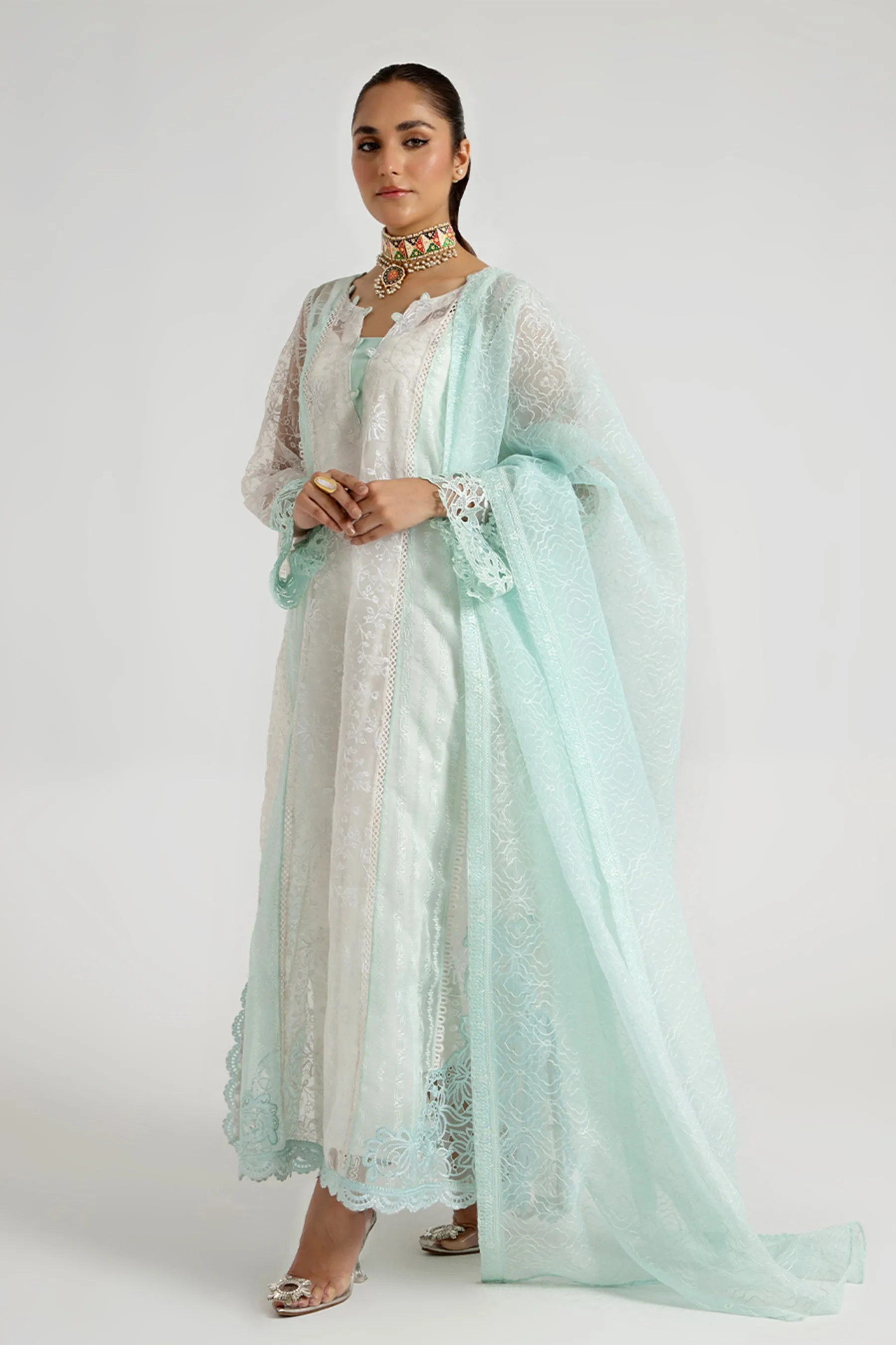 Arif Ashraf - Turkuvaz - White and aqua - Organza and Raw Silk - 3 Piece