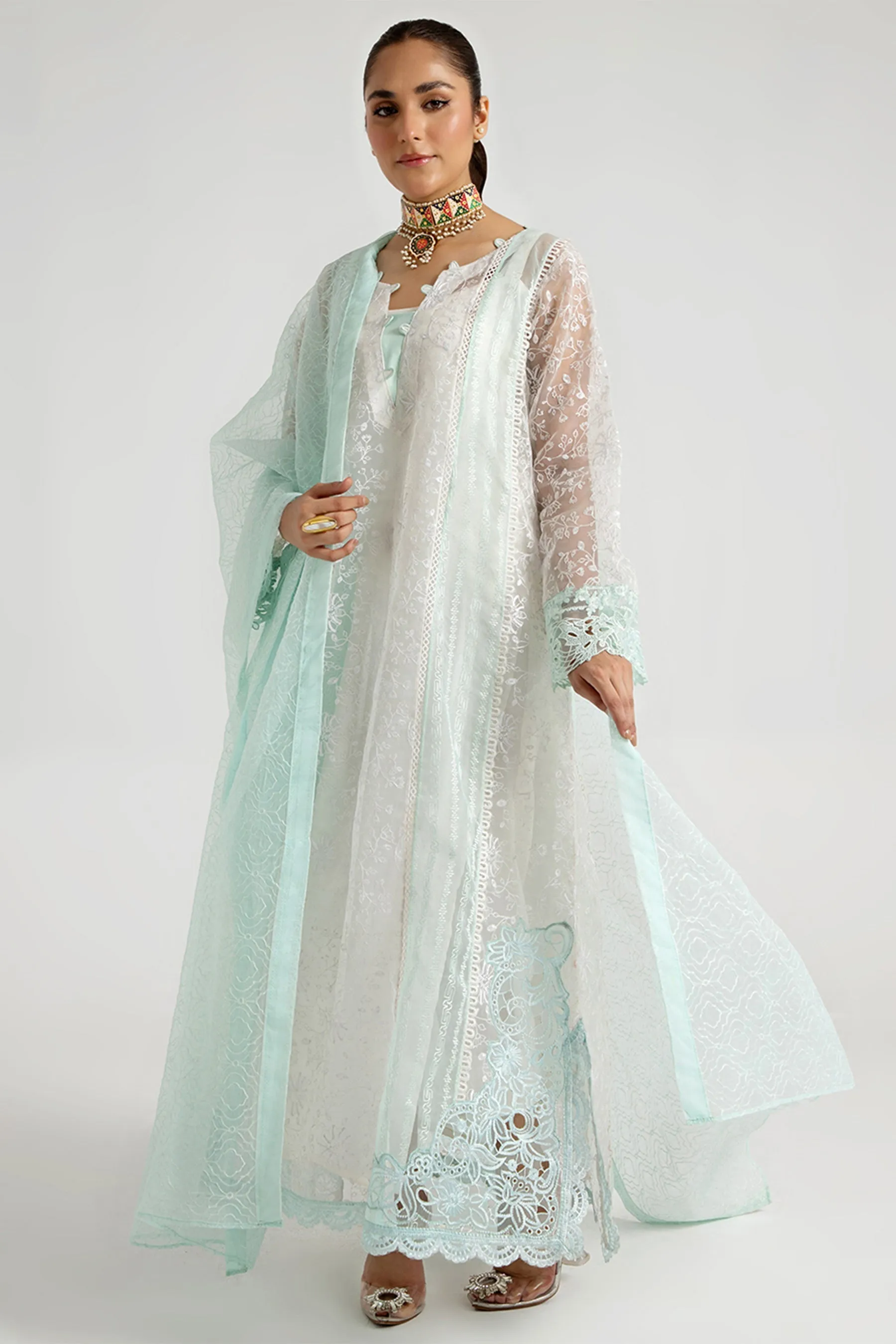 Arif Ashraf - Turkuvaz - White and aqua - Organza and Raw Silk - 3 Piece