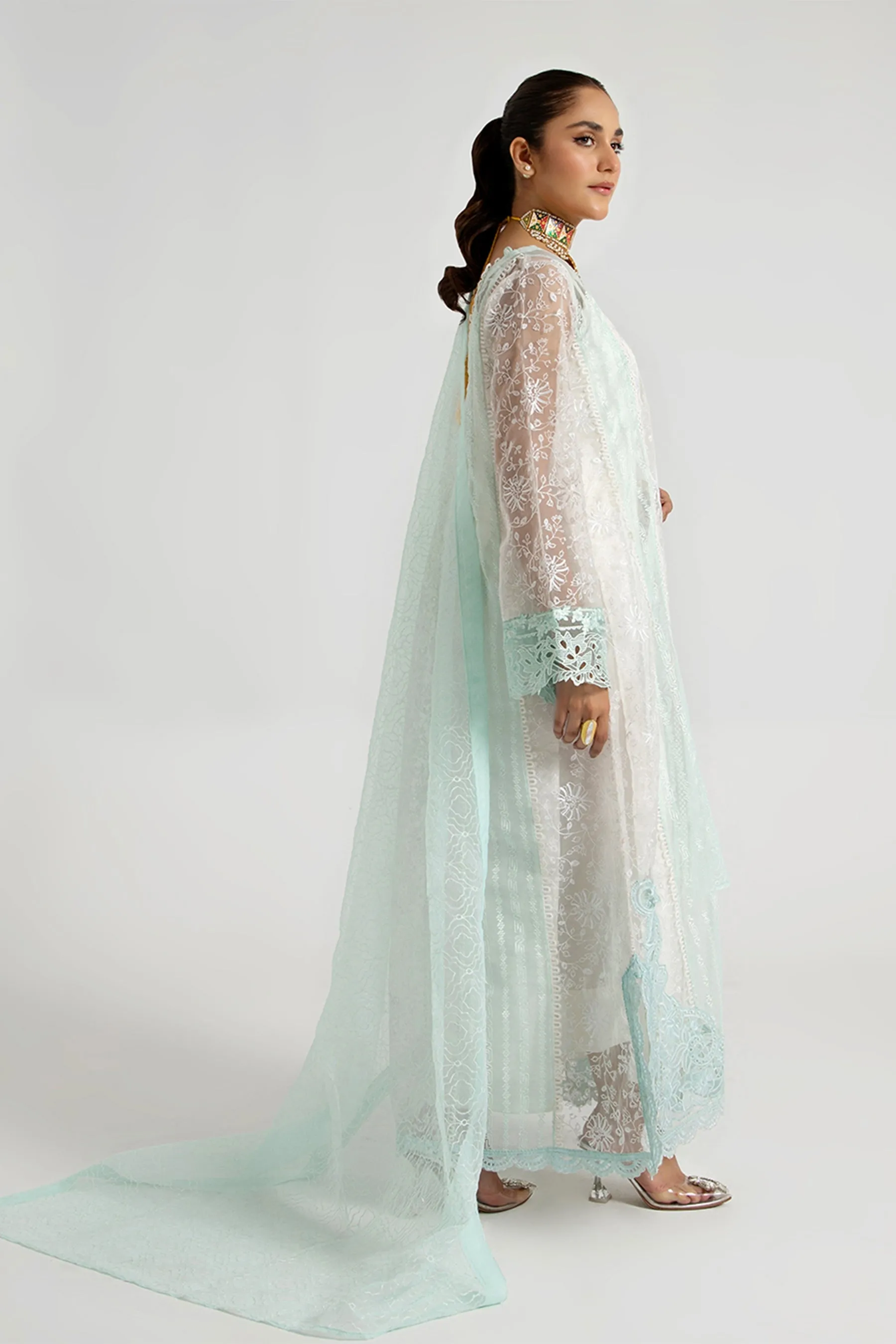 Arif Ashraf - Turkuvaz - White and aqua - Organza and Raw Silk - 3 Piece