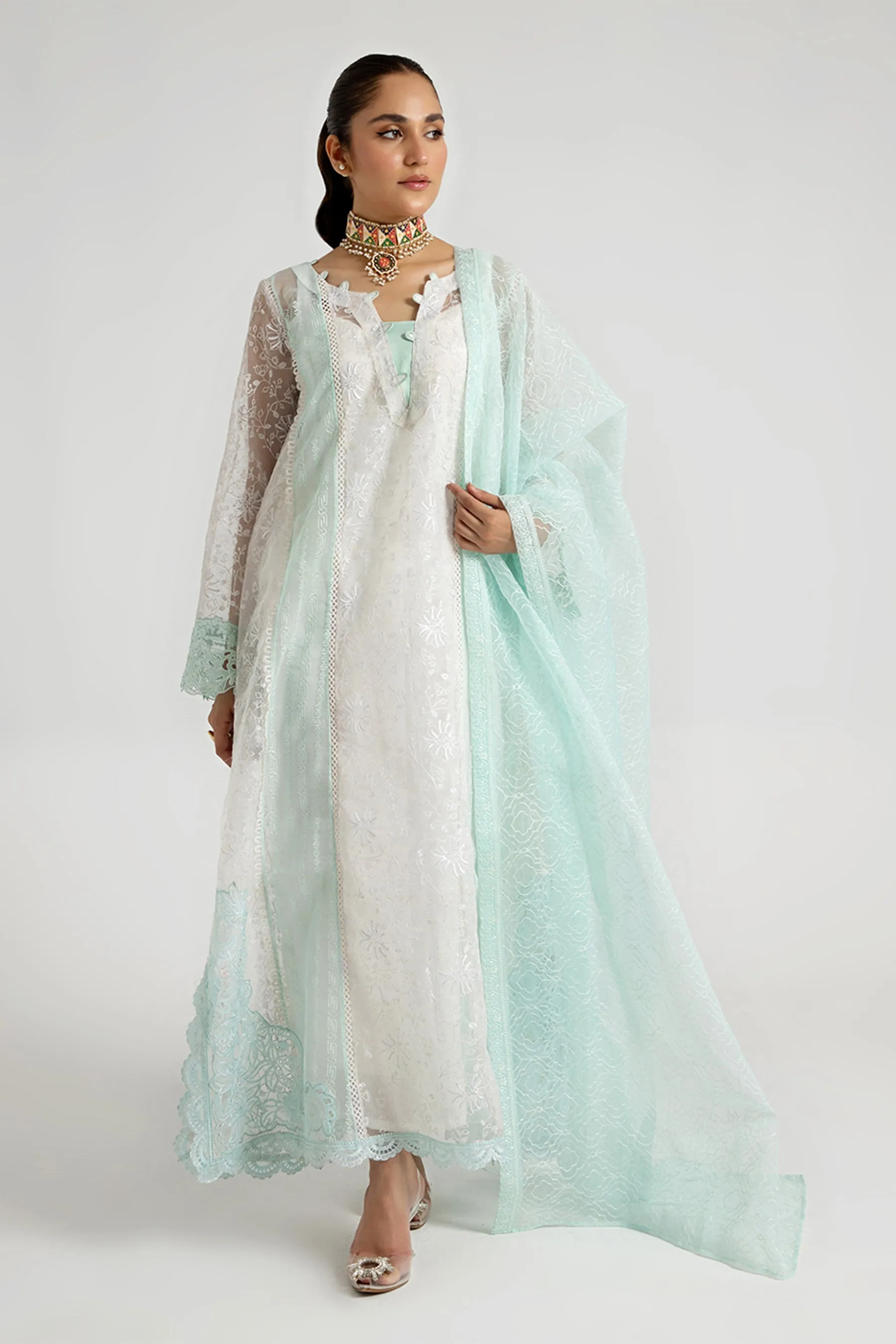 Arif Ashraf - Turkuvaz - White and aqua - Organza and Raw Silk - 3 Piece