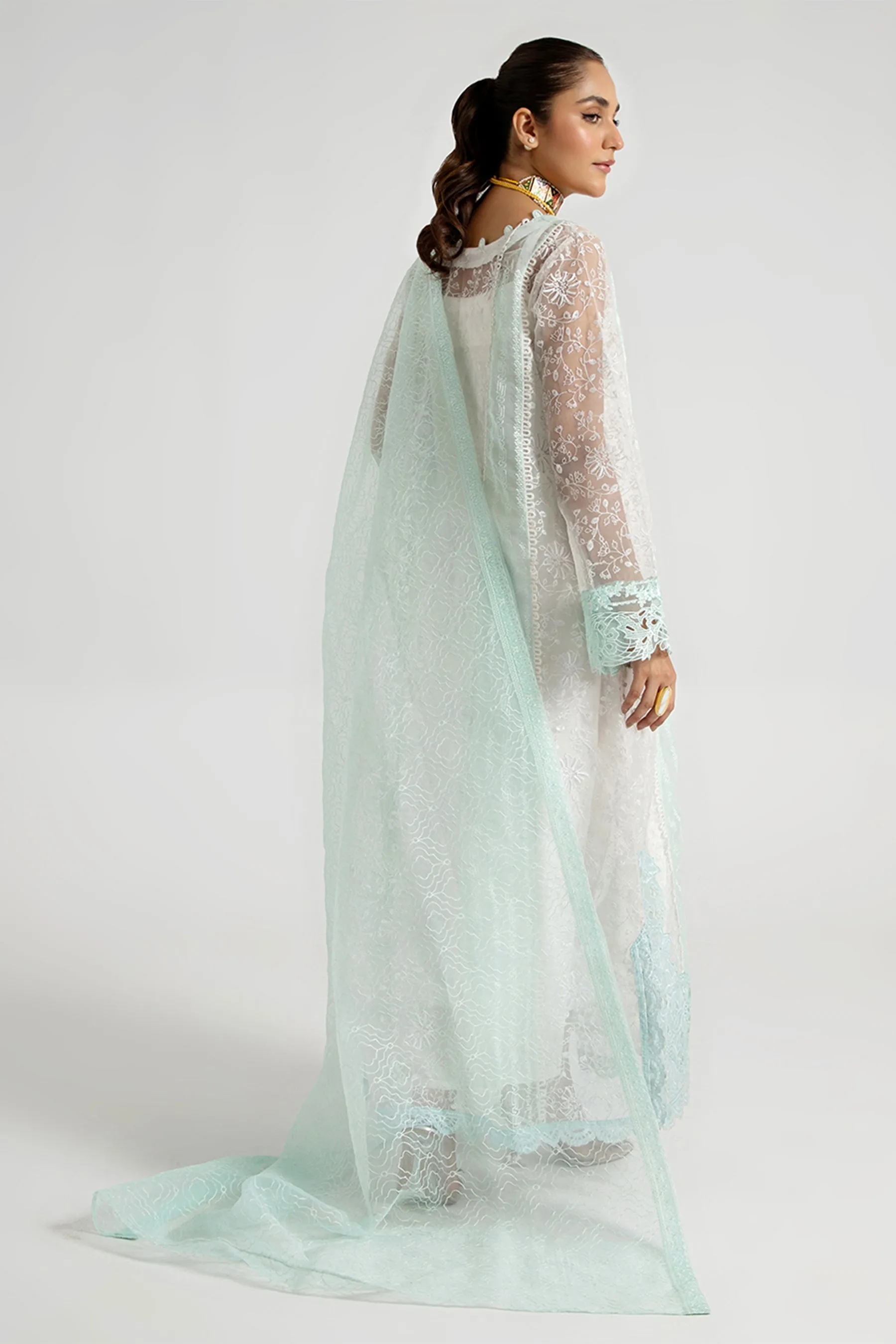 Arif Ashraf - Turkuvaz - White and aqua - Organza and Raw Silk - 3 Piece