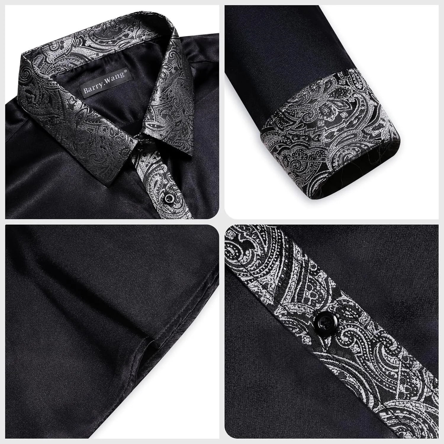 Barry.Wang Mens Satin Silk Shirts Long Sleeve Designer Dress Shirt Shiny Untucked Casual Button Down Shirt Party Disco Formal