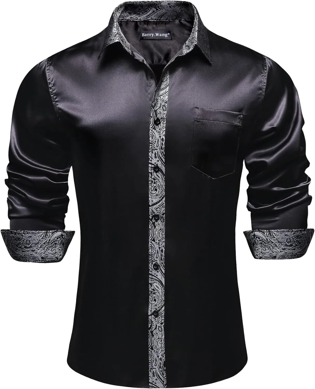 Barry.Wang Mens Satin Silk Shirts Long Sleeve Designer Dress Shirt Shiny Untucked Casual Button Down Shirt Party Disco Formal