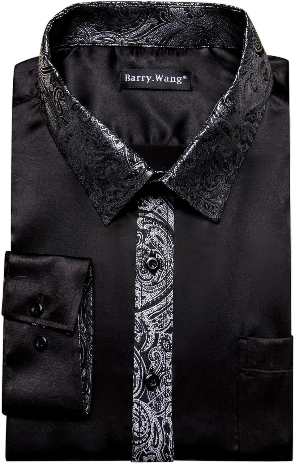 Barry.Wang Mens Satin Silk Shirts Long Sleeve Designer Dress Shirt Shiny Untucked Casual Button Down Shirt Party Disco Formal