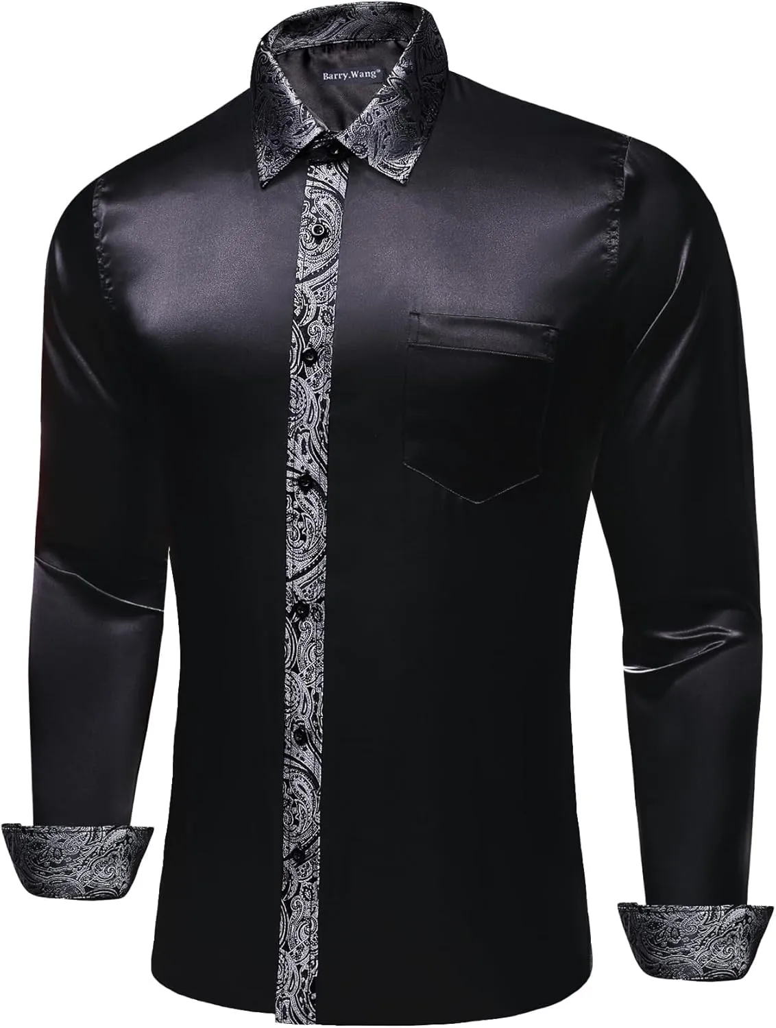 Barry.Wang Mens Satin Silk Shirts Long Sleeve Designer Dress Shirt Shiny Untucked Casual Button Down Shirt Party Disco Formal