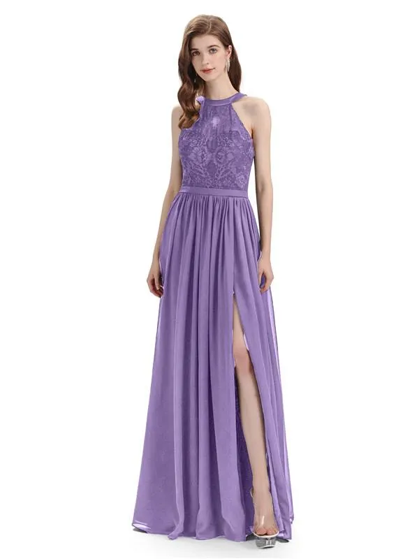 Beautiful Halter Chiffon A-line Sleeveless Floor-Length Bridesmaid Dresses