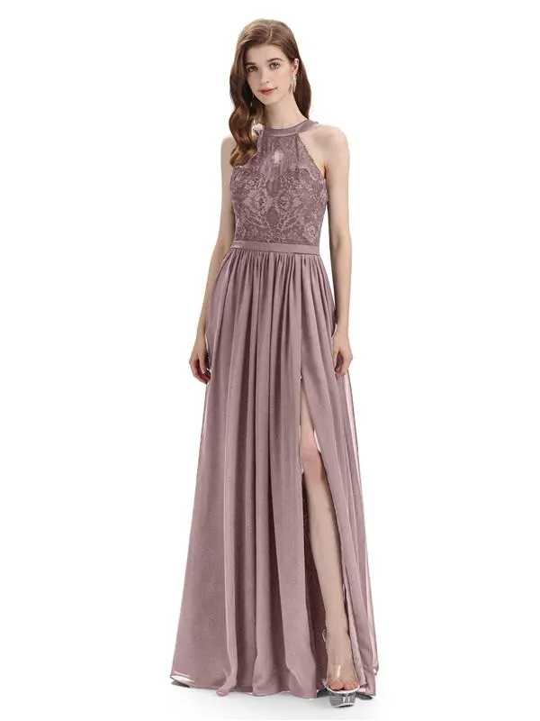 Beautiful Halter Chiffon A-line Sleeveless Floor-Length Bridesmaid Dresses