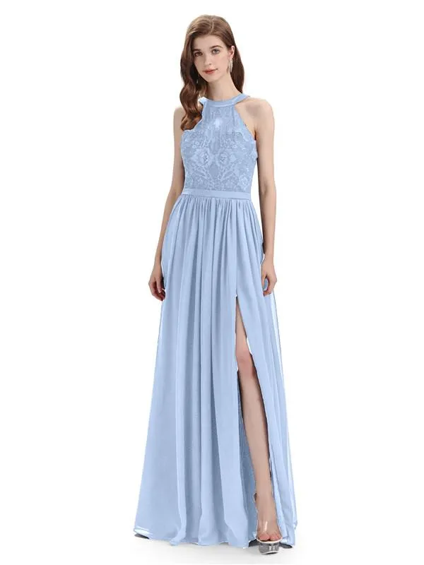 Beautiful Halter Chiffon A-line Sleeveless Floor-Length Bridesmaid Dresses