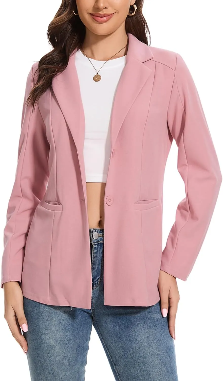 Blazer Jackets for Women Casual Open Front Lapel Work Office Button Long Sleeve Blazer with Pockets 2025
