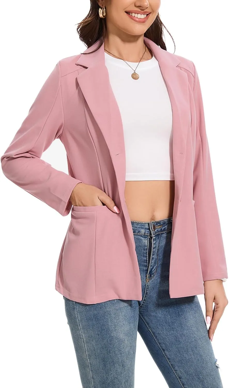 Blazer Jackets for Women Casual Open Front Lapel Work Office Button Long Sleeve Blazer with Pockets 2025