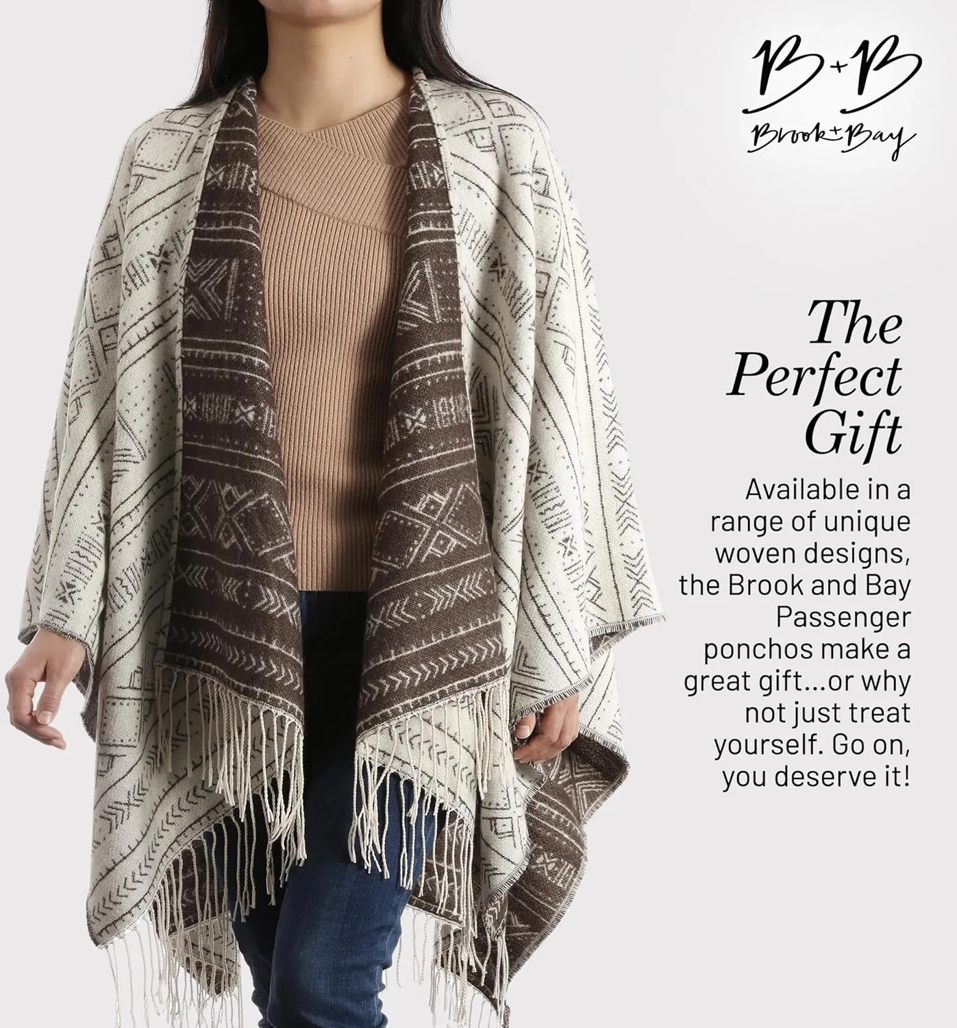 Brook   Bay Winter Poncho - Shawl Wrap & Womens Poncho Sweater w/Tassels - Cardigan Poncho - Travel Cape Poncho for Women