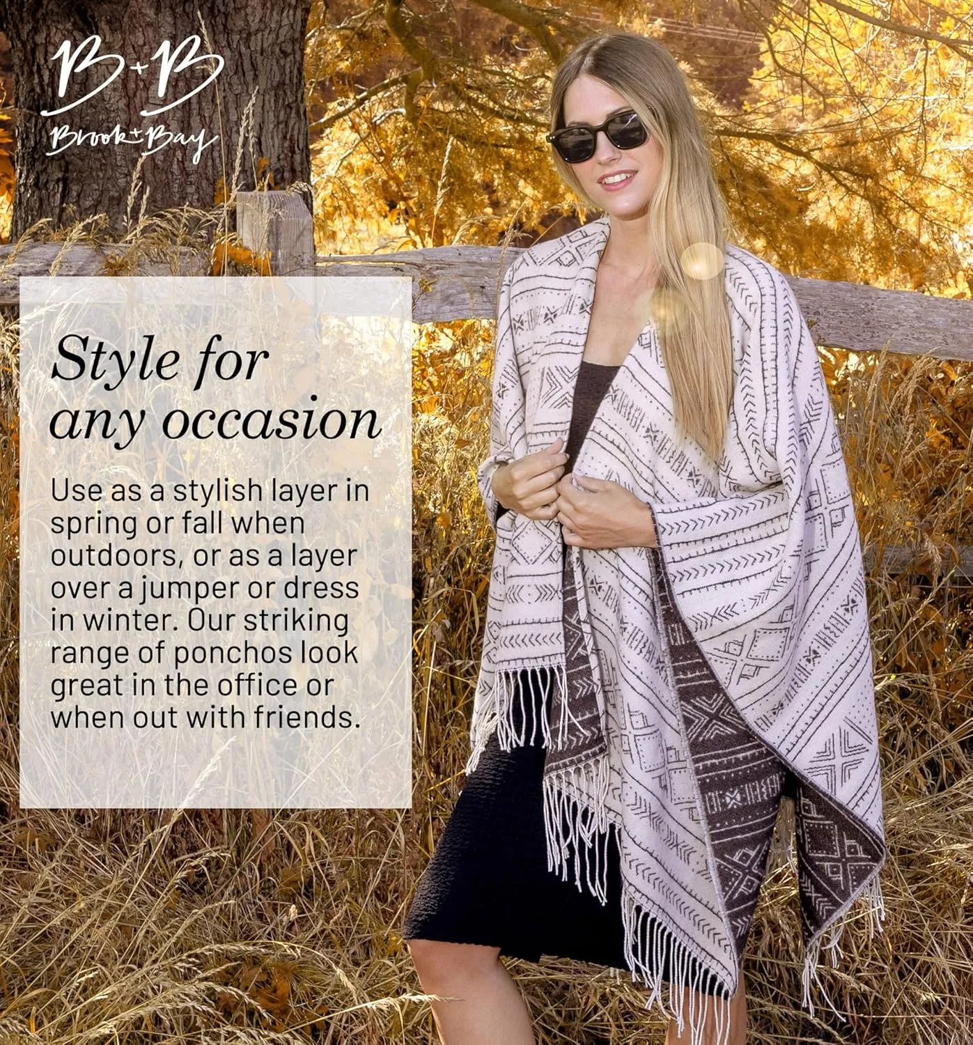Brook   Bay Winter Poncho - Shawl Wrap & Womens Poncho Sweater w/Tassels - Cardigan Poncho - Travel Cape Poncho for Women