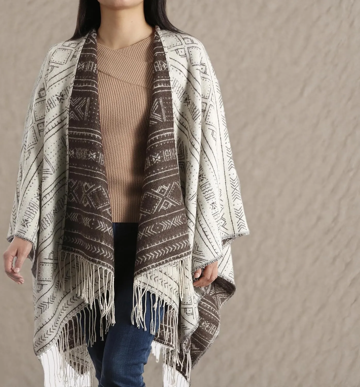 Brook   Bay Winter Poncho - Shawl Wrap & Womens Poncho Sweater w/Tassels - Cardigan Poncho - Travel Cape Poncho for Women