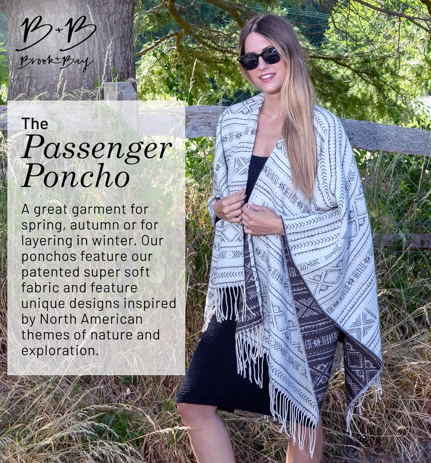 Brook   Bay Winter Poncho - Shawl Wrap & Womens Poncho Sweater w/Tassels - Cardigan Poncho - Travel Cape Poncho for Women
