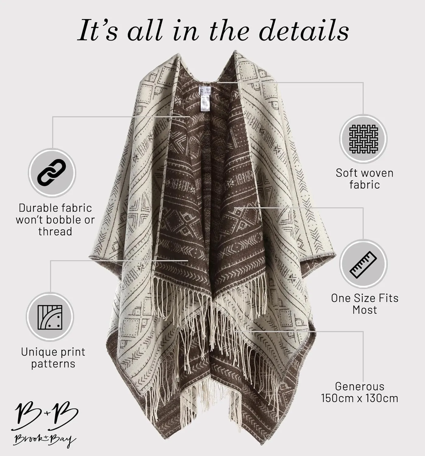 Brook   Bay Winter Poncho - Shawl Wrap & Womens Poncho Sweater w/Tassels - Cardigan Poncho - Travel Cape Poncho for Women