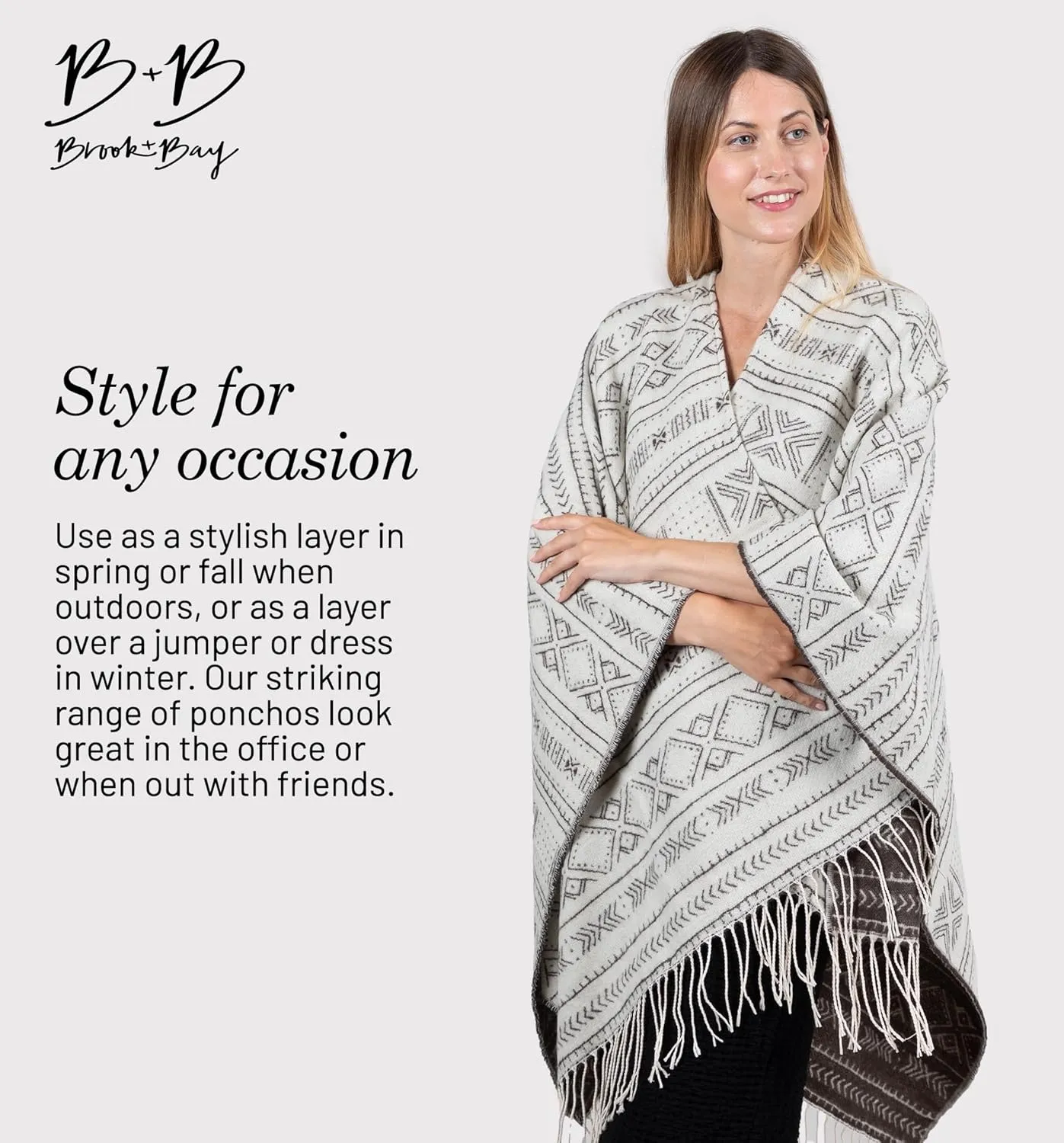 Brook   Bay Winter Poncho - Shawl Wrap & Womens Poncho Sweater w/Tassels - Cardigan Poncho - Travel Cape Poncho for Women
